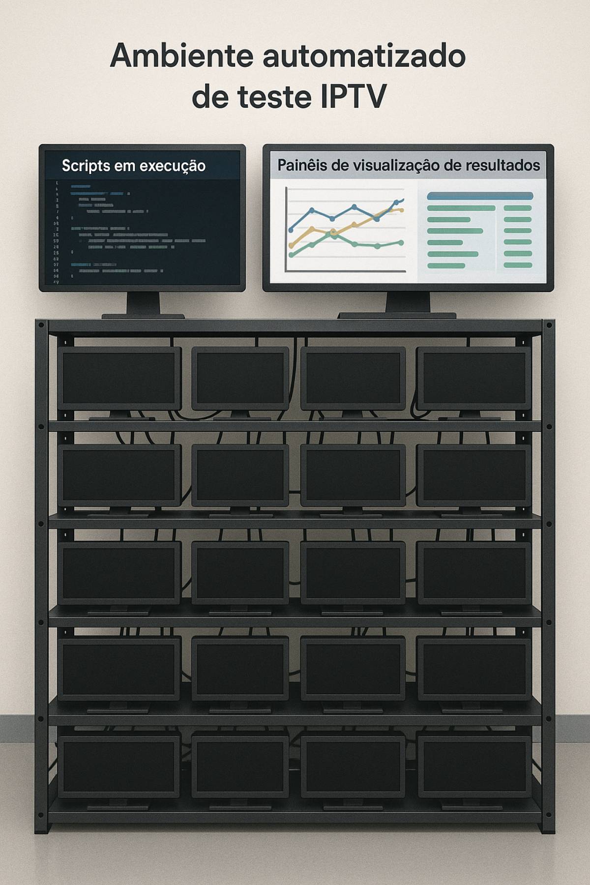 Laboratório de automação de testes IPTV exibindo rack com múltiplos dispositivos end-point, servidores de automação executando scripts de teste, e dashboards analíticos mostrando resultados de testes em tempo real com KPIs de desempenho.