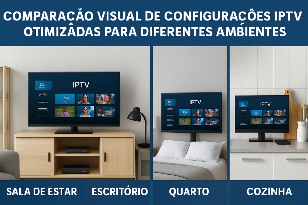 Comparacao visual de configuracoes de televisores em diferentes ambientes