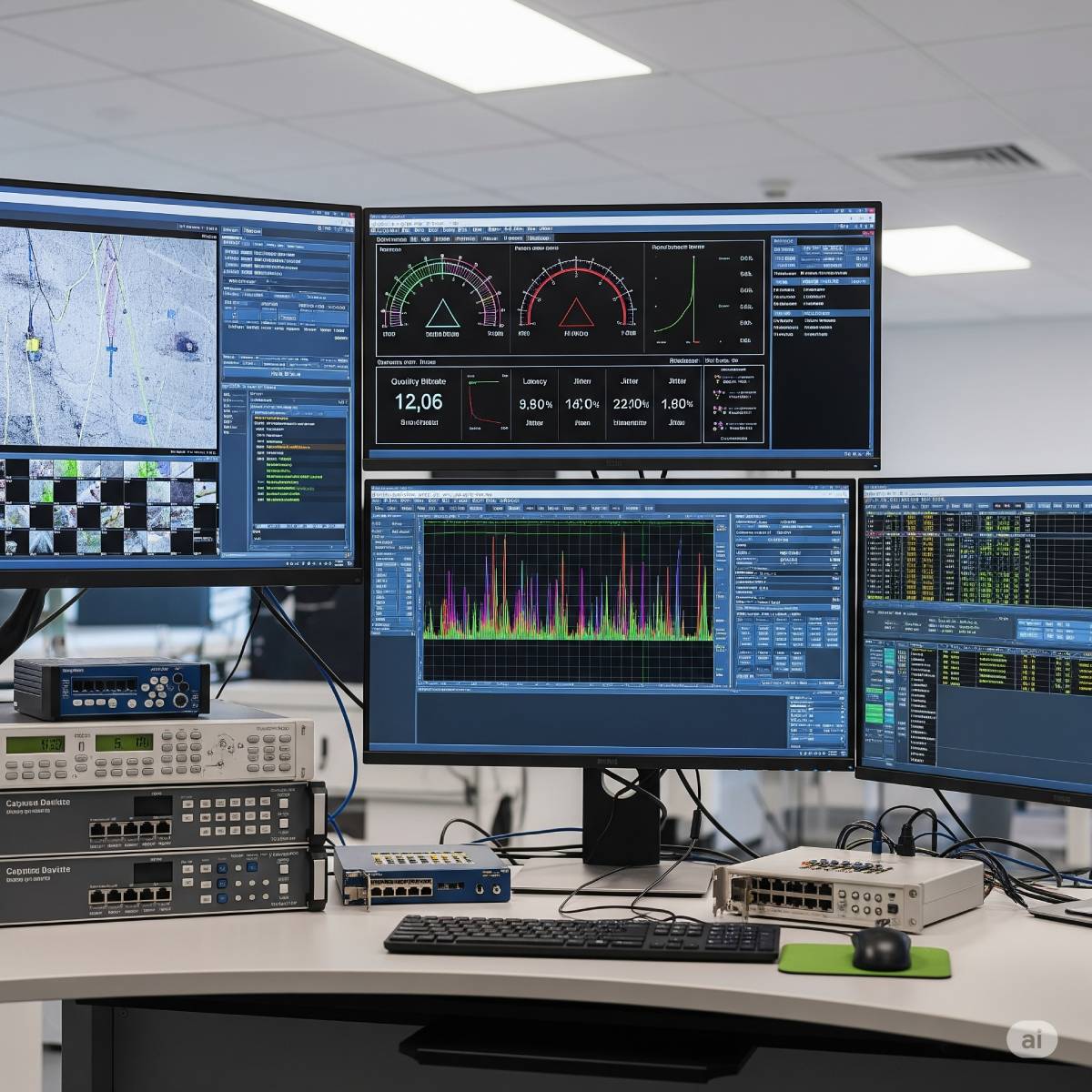 Ambiente profissional de teste IPTV com workstation multimonitor exibindo Wireshark para análise de pacotes, VLC com complementos de diagnóstico, software de monitoramento QoE/QoS e ferramentas de logging em tempo real.