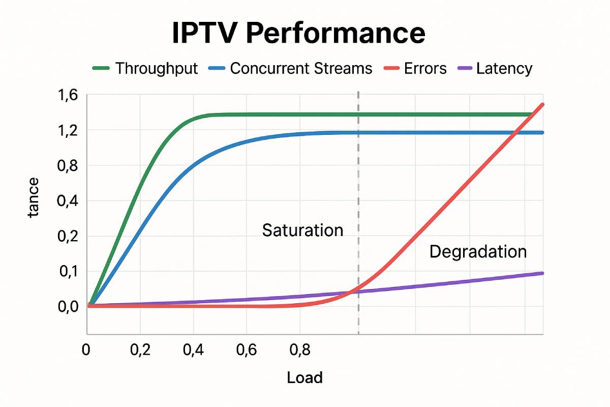 Gráfico de desempenho IPTV mostrando múltiplas métricas durante teste de carga, com pontos de saturação e degradação de qualidade claramente indicados