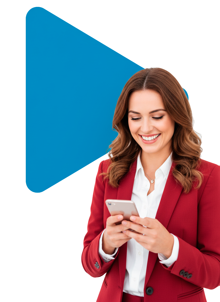 Mulher sorrindo usando smartphone para assistir IPTV com streaming de filmes, séries e canais ao vivo online.